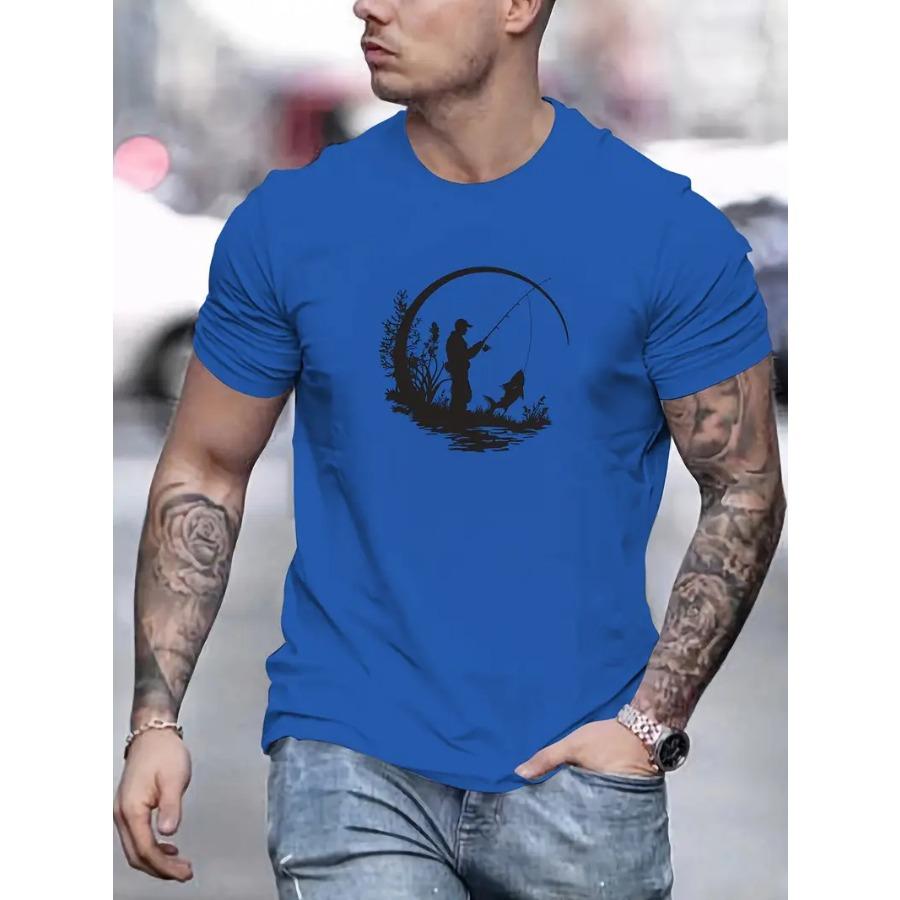 Мужская футболка с графическим принтом для рыбалки - Базовая футболка с круглым вырезом из 100% полиэстера, слегка тянущаяся, однотонная, летний повседневный топ из трикотажной ткани