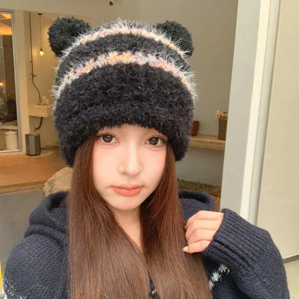 Ear Protection Striped Beanie Hat Polyester Bear Ear Earflap Beanie Warm Winter Hat For Women