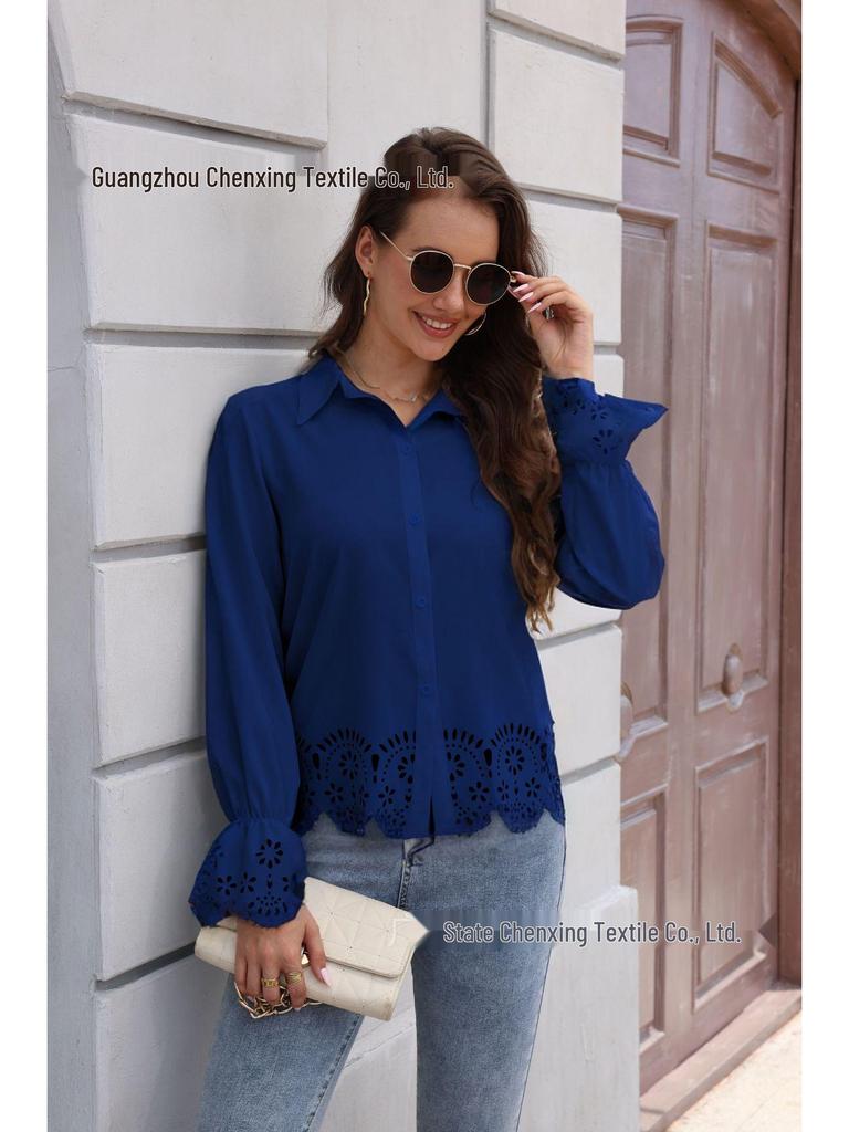 Женская элегантная блузка с длинными рукавами и ажурной отделкой
