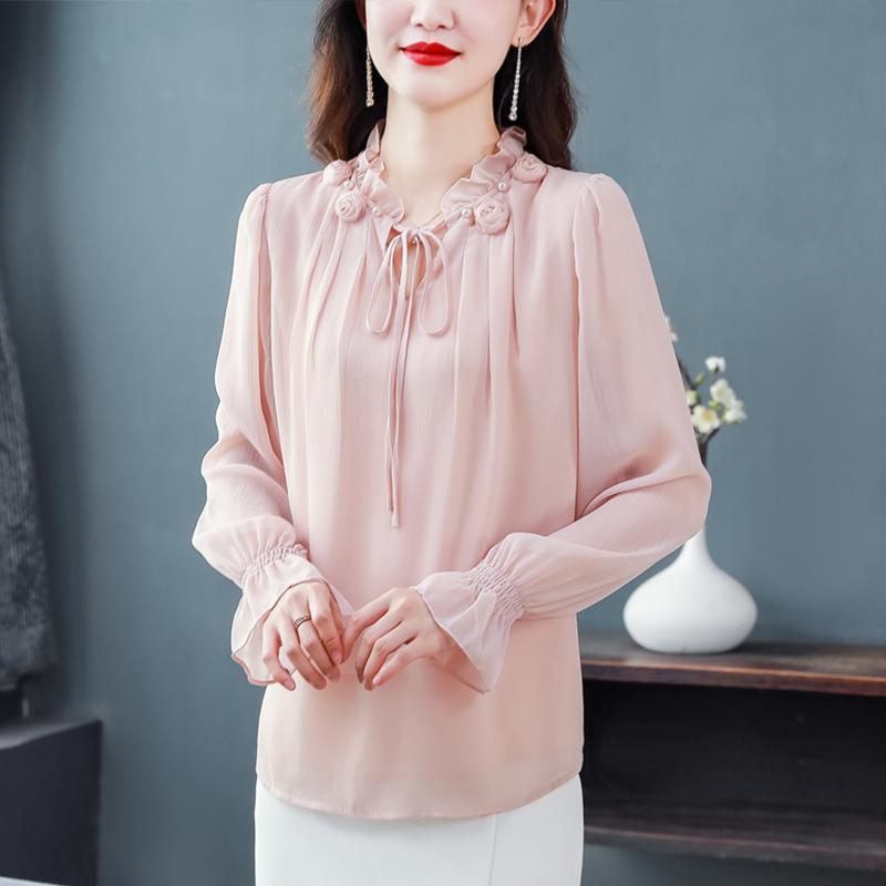 Весенне-осенняя новая элегантная шифоновая рубашка с воротником-лепестком, бандажный топ, женская мода, универсальные блузки с длинными рукавами, офисная одежда Y2k
