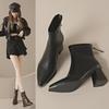 Women's French Retro Chunky Heel Pointed Toe Short Boots with Zipper - High Heel Leather Booties for Autumn and Winter
