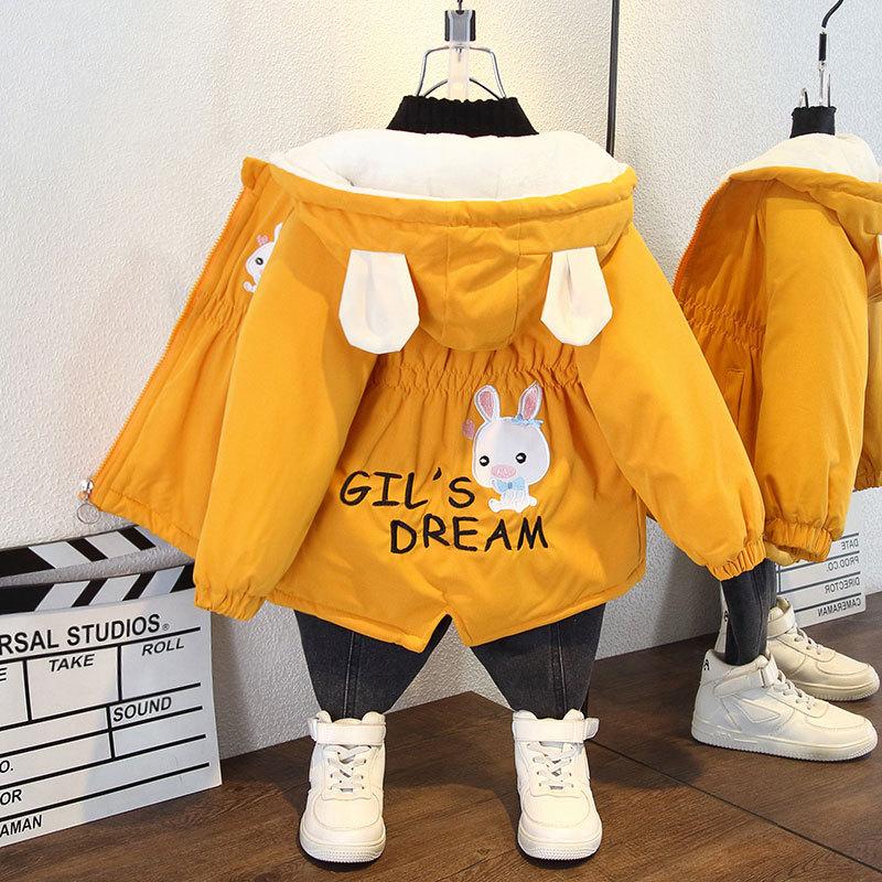 Модная куртка для девочек из бархата, осенне-зимнее пальто для девочек с капюшоном и рисунком кролика, ветровка, верхняя одежда для детей