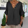 Cotton Linen Women Shirt V-Neck Buttons Half Placket Half Sleeve Breathable Loose Fit Tops Daily Wear