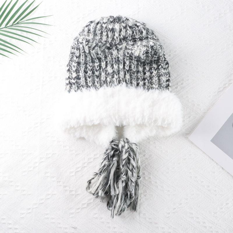 Autumn and Winter Cute Ears Big Head Circumference Colorful Thick Wool Female Warm Face Small Plush Contrasting Color Hat Knitted Hat
