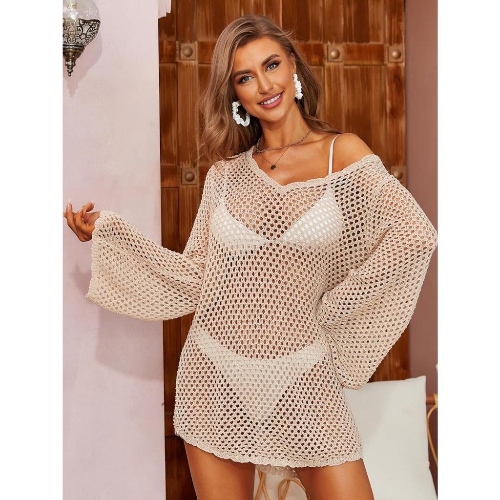 CHARMLEAKS Женский вязанный крючком купальник, накидка с рукавами-колокольчиками, пляжные накидки с открытой спиной, накидка на купальный костюм с зубчатым краем, бикини, купальник