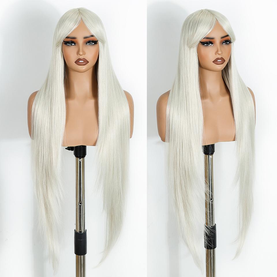 FREEDOM Synthetic Long Straight Wig With Bangs Synthetic Wigs For Women White Blonde Ombre Wig Heat Resistant Fiber Cosplay Wigs
