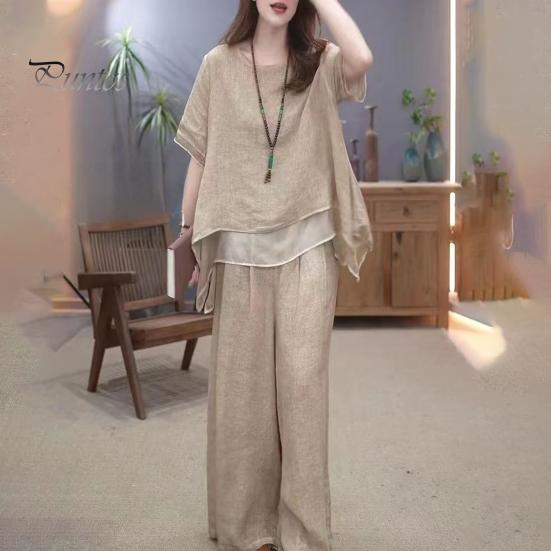 2 шт./комплект женский топ брюки комплект круглый вырез половина рукава неровный подол блузка широкие брюки эластичный пояс широкие брюки повседневный досуг свидание наряд