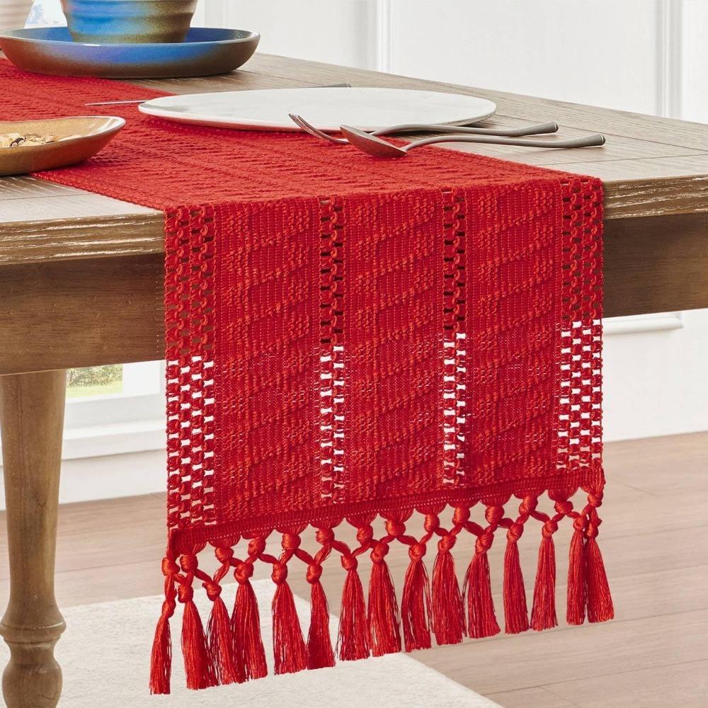 American Style Festival Dining Table Cover Solid Color Tablecloth Boho Table Runner Christmas
