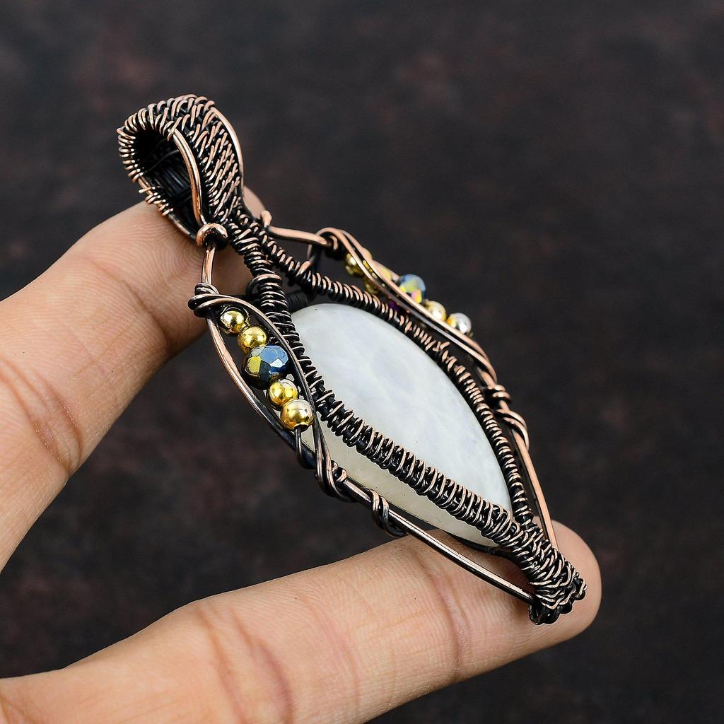 Подвеска Rainbow Moonstone, подвеска из медной проволоки, подвеска из драгоценных камней, подвеска ручной работы из титановых бусин, подвеска в подарок маме, ювелирные изделия из медной проволоки