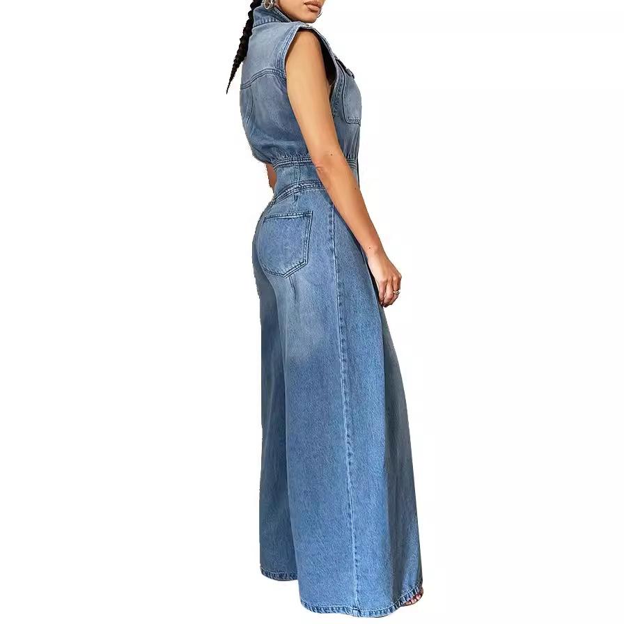 Jumpsuits Women One Piece Denim Jeans Overalls Sleeveless High Waist Turn Down Collar Wide Leg Long Pants Rompers Summer