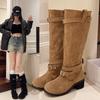 Platform Thick Heel Women Western Cowboy Boots Fashion Slip On Folded Pile Long Booties Female Shoes Autumn Winter Mujer