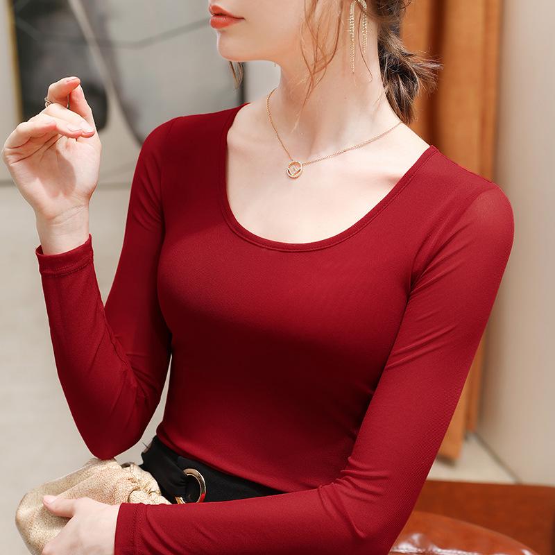 Mesh Base Shirt for Women In Spring and Autumn Clothes New Round Neck Long-sleeved T-shirt Stretch Inner Solid Color Top