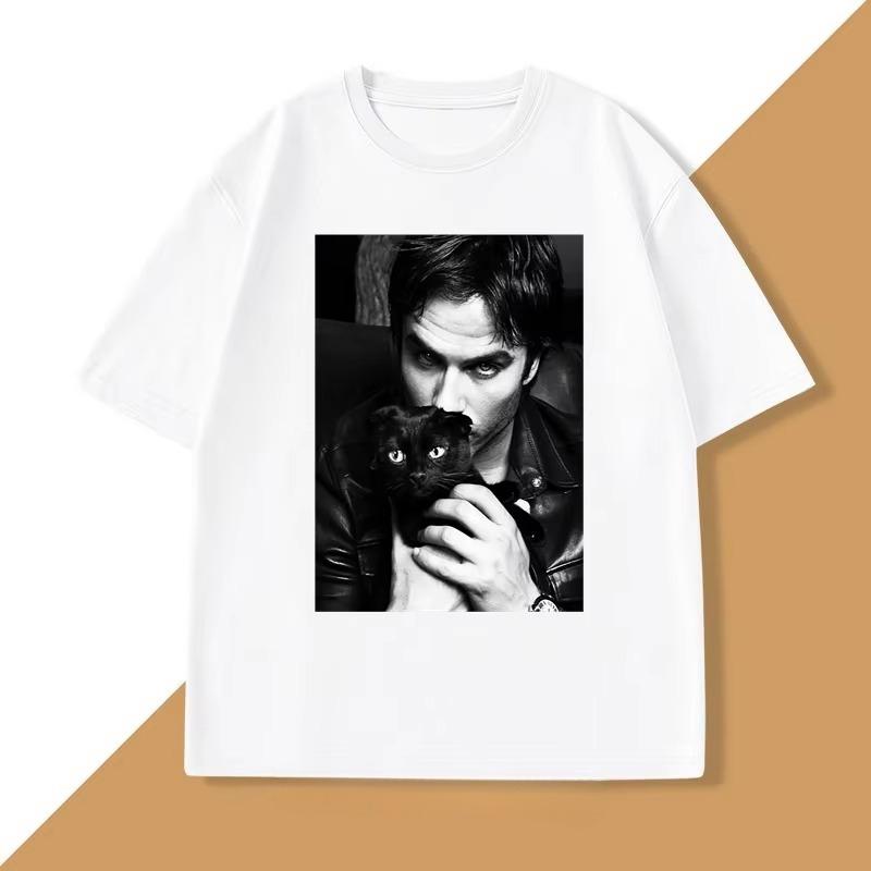 Женская футболка с графическим принтом кошки Damon Salvatore из телесериала Одежда Ретро Готические Топы Рукав Харадзюку Рукав Повседневная Эстетичная Одежда