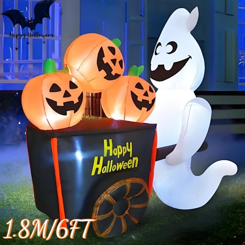 6FT Halloween Outdoor Inflatable Toys Ghost Push Pumpkin Cart with LED Lights Decoration Outdoor Holiday Party Inflatable Model