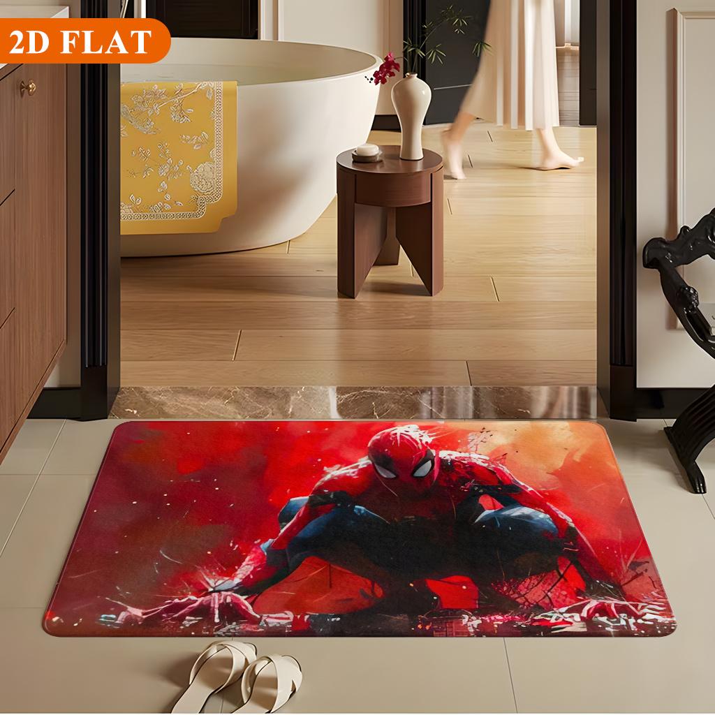 Bath Mat 1pc, Spider for Man Battle Pose, MARVEL Flannel Rectangular Mat, Bathroom Non-slip Entrance Mat, Fun Door Decoration