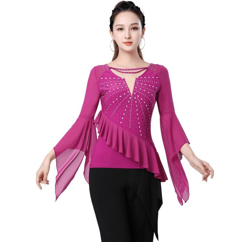 Womens V-Neck Flared Sleeve Rhinestone Dance Top Latin Square Stage Performance
