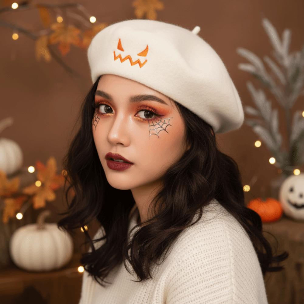 Embroidered Pumpkin Face Cap Lightweight Embroidered Painter Hat Pumpkin Beret Hat Holiday Gift