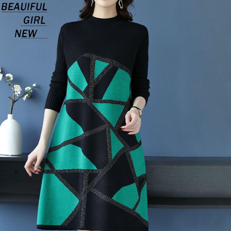 Высококачественное трикотажное платье больших размеров, осенне-зимнее платье-свитер с принтом средней длины, А-силуэт, плотное свободное платье-свитер длиной до колена