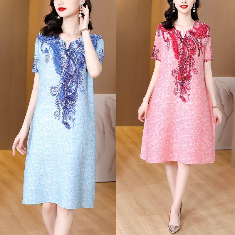 Складное летнее платье женское, новинка 2022 года, высококачественное зарубежное свободное свободное платье с v-образным вырезом и короткими рукавами, повседневное тонкое платье с принтом