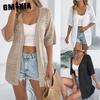 Spring and Summer Casual Solid Color Cut-out Mid-sleeved Knitted Sweater Vacation Cardigan Women's Wear
