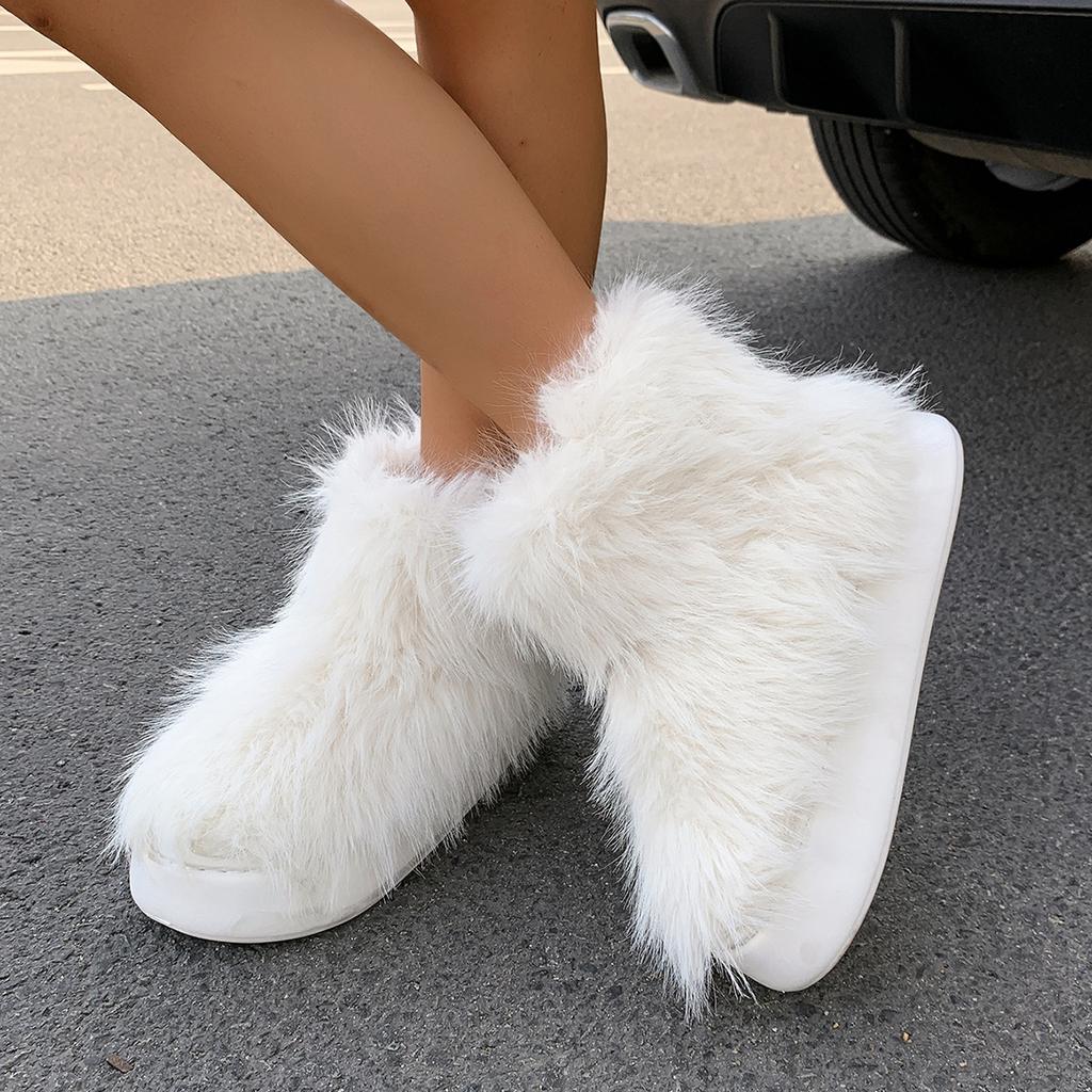 Сапоги из искусственного меха для женщин, пушистые, пушистые, с круглым носком, замшевые, зимние, удобные, плюшевые, теплые, короткие, зимние, женские, без застежек, туфли на плоской подошве, сапоги до середины икры