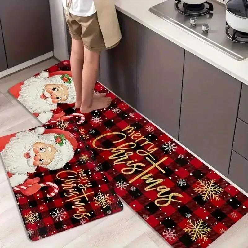 Santa Claus print Christmas Long Strip Crystal Velvet Carpet Home Kitchen Bathroom Toilet Dirty Wear NonSlip Mat Home Decoration
