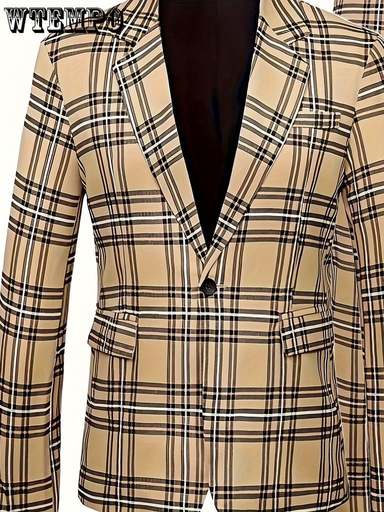 Комплект из 2 предметов: мужской клетчатый костюм больших размеров, пиджак на одной пуговице с лацканами и брюки для делового и повседневного ношения, подходящий для официальных мероприятий