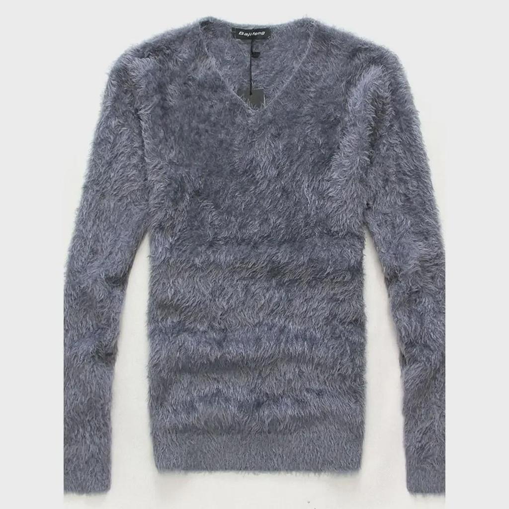 Men's Slim V-Neck Wool Sweater - Autumn/Winter Korean Style, Plush Seahorse Hair, Thick, Trendy