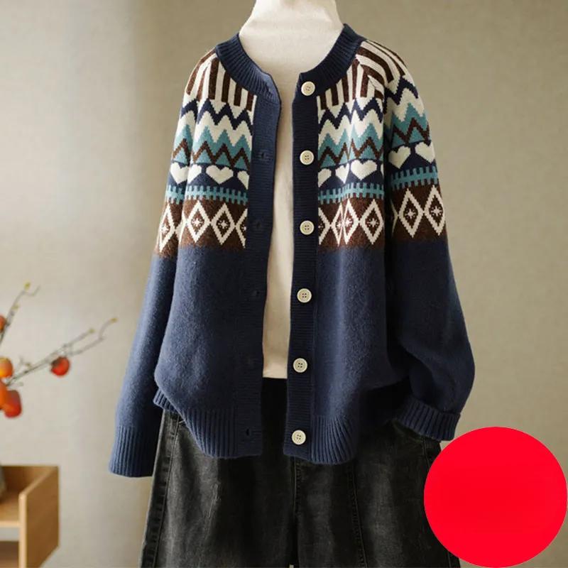 Весна Осень Винтаж Жаккард Круглый Вырез Вязаный Кардиган Женский Дикий Плюс Размер Свитер Пальто