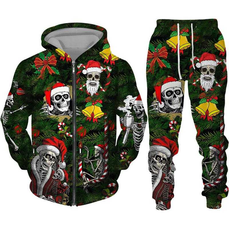 Модные рождественские мужские толстовки с принтом черепа на молнии/брюки/комплект, тонкая куртка с капюшоном с узором, костюм для пары, уличная одежда