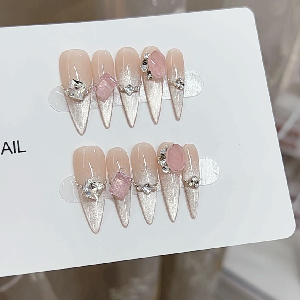 Pure Hand-made Phototherapy Wear Nail Tablets Cat Eye Pink Melody Wear Nail Finished Product Reusable Nail Patches