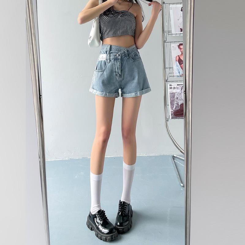 Джинсы с высокой талией, женские летние свободные джинсовые шорты, модные прямые брюки с пятью точками, Y2K, одежда, низ