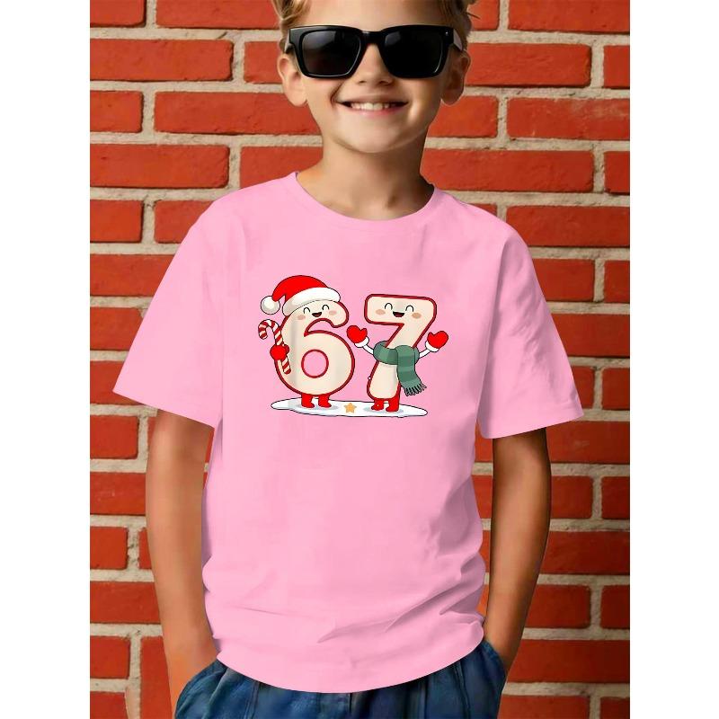 European sizes Boys' T-shirt with 67 Number and Christmas Elements, Versatile Summer Fashion Casual Sport Short Sleeve Top