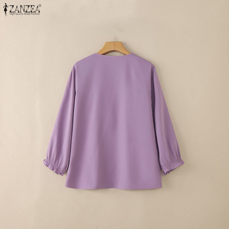 ZANZEA Женская повседневная однотонная блузка с круглым вырезом и длинным рукавом