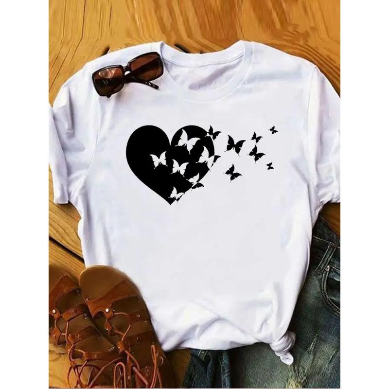 Love Heart Butterfly Trend Summer Clothes Womens Clothing Ladies Print Fashion Tshirts Short Sleeve FeUnisex Graphic Tee Fashion