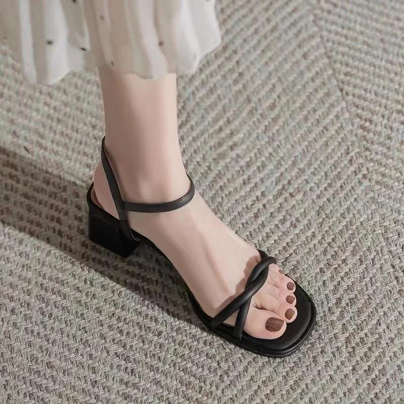 Мода 2024 года, новый минималистский стиль с открытым носком, босоножки, женские туфли на высоком каблуке, квадратные каблуки, летний стиль, не утомляющие ноги