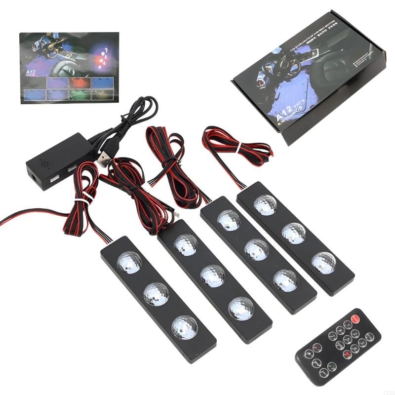 Pack of 4 Energy Saving LED Lights for Automobiles Sound Activated Color Modes Universal Fit Simple Attachment 72XB