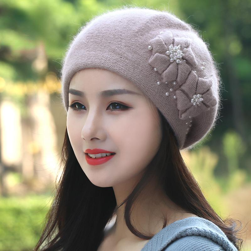 Autumn Winter Hats Korean Fashion Knit Thick Warm Rabbit Hair Hat Women's Knitted Hat Pearl Beret Caps
