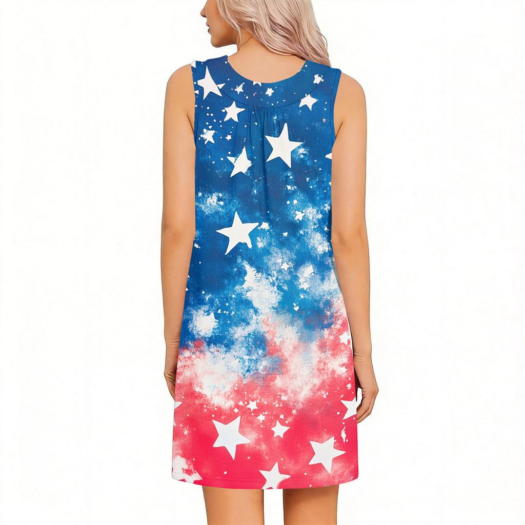 Sleeveless Independence Day Dress for Women Post Shoulder Surgery Adjustable Tearable Design Star Print Casual Summer Dress