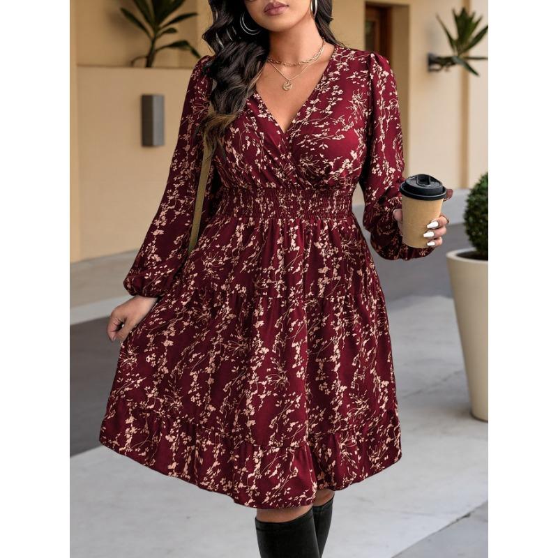 Plus Size Women S V Neck Bubble Long Sleeve Floral Vintage Mini Dress