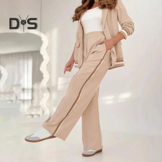 Женский костюм из 2 предметов: пальто, брюки, отложной воротник, длинные рукава, эластичный подол, куртка, широкие брюки с высокой талией, офисный наряд для поездок на работу