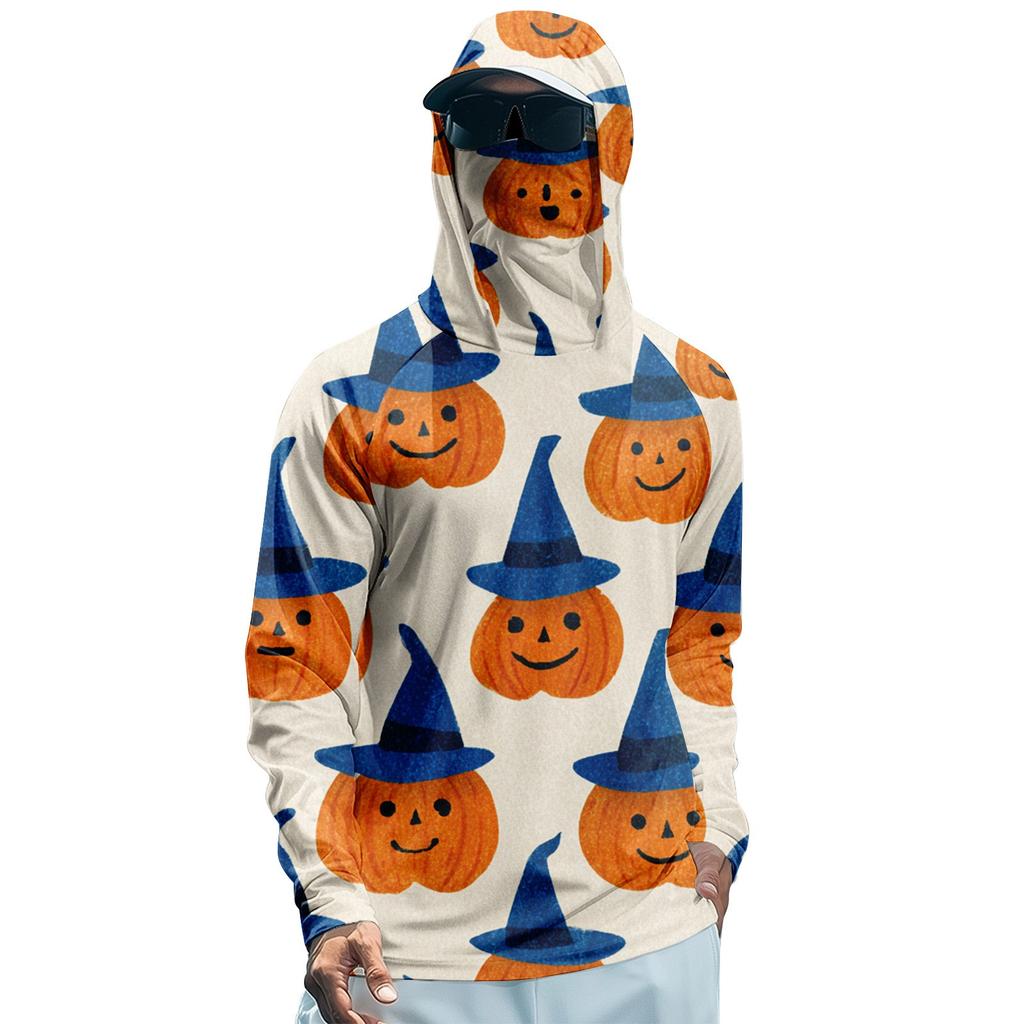 Мужская худи реглан для рыбалки с принтами на Хэллоуин - UPF 50+ УФ защита, длинный рукав, солнцезащитная рубашка с сетчатым козырьком