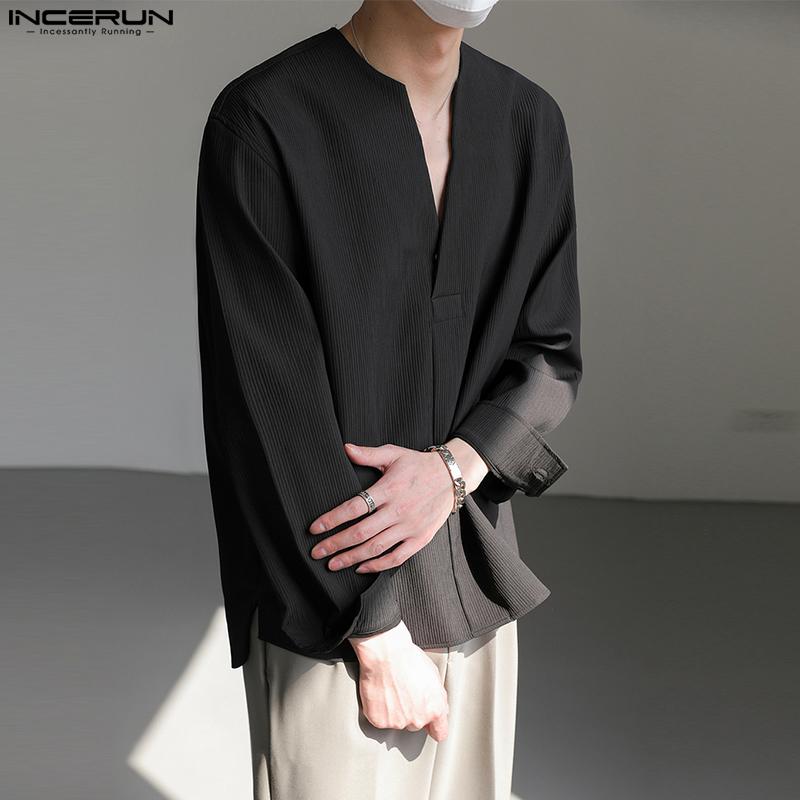 INCERUN Весенние мужские однотонные рубашки с длинными рукавами, топы