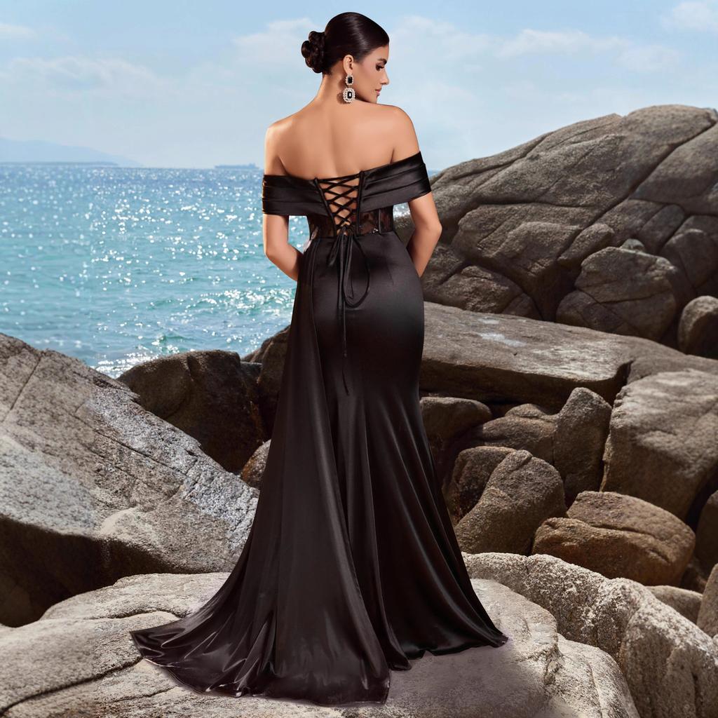 Hot-selling European and American elegant one-shoulder evening dress, satin lace waist split sexy dinner party dress