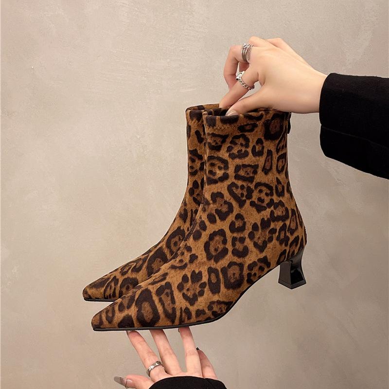 2025 Designer Leopard Print Women Ankle Boots Sexy Pointed Toe Short Booties Plus Size Woman High Heels Shoes De Mujer