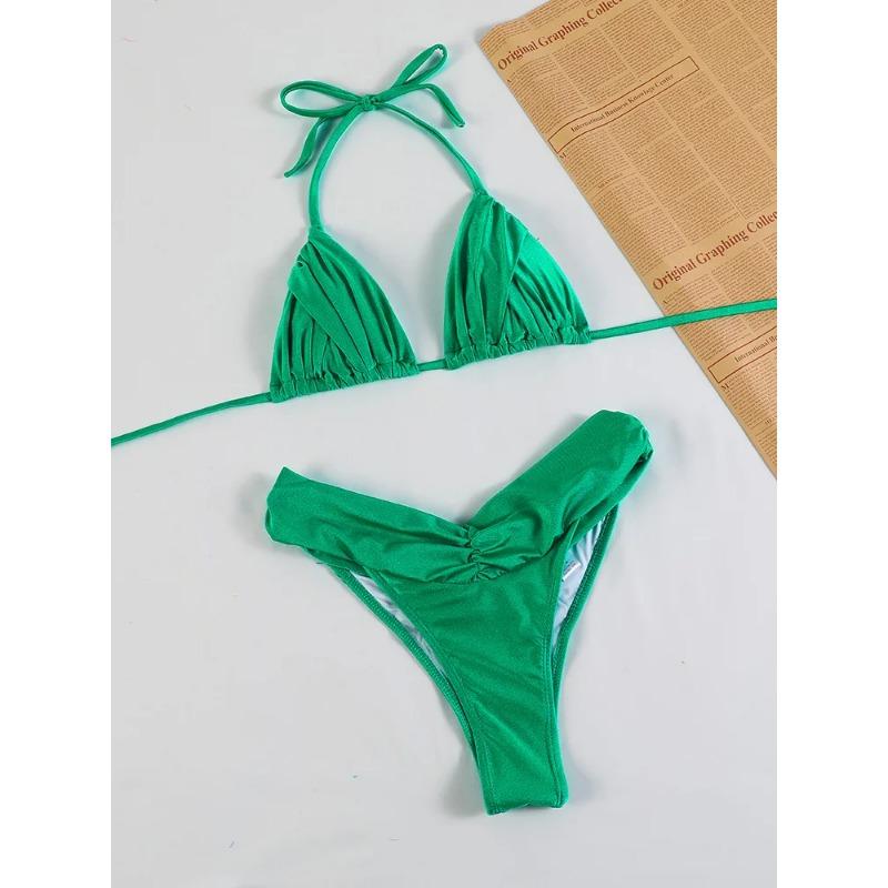 Плиссированный бразильский комплект бикини, сексуальные микробикини, женский купальник 2023 года, женский купальник-треугольник, пляжная одежда, купальный костюм