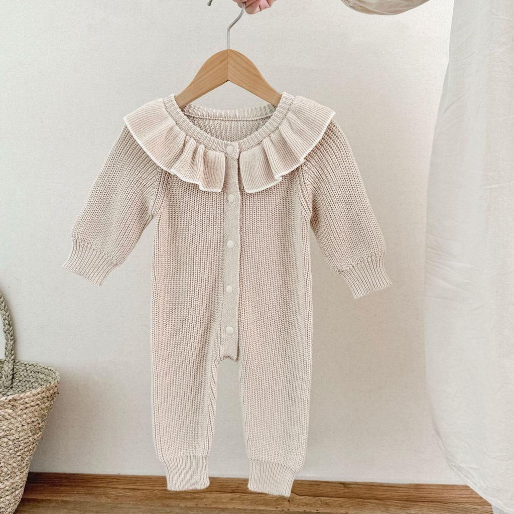 Хлопковый ромпер с длинным рукавом для девочки с воротником-рюшем на весну/осень