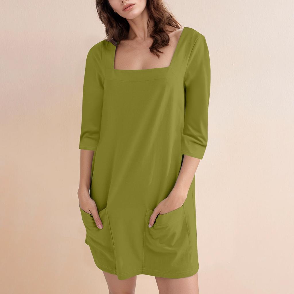 Женское модное повседневное однотонное короткое платье с квадратным вырезом и рукавом 3/4