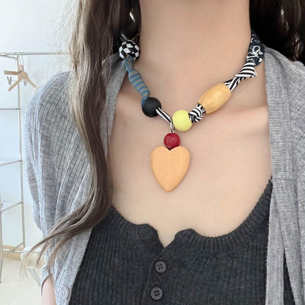 Love Pendant Wood Bead Necklace Multicolor Bohemian Choker Patchwork Cloth Chain Necklace Gift