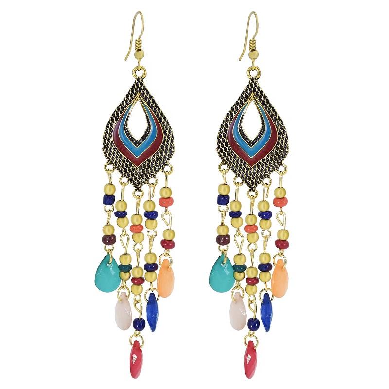 Vintage Ethnic Long Water Drop Tassel Earrings for Women Boho Colorful Hollow Flower Rhinestone Crystal Dangle Earrings